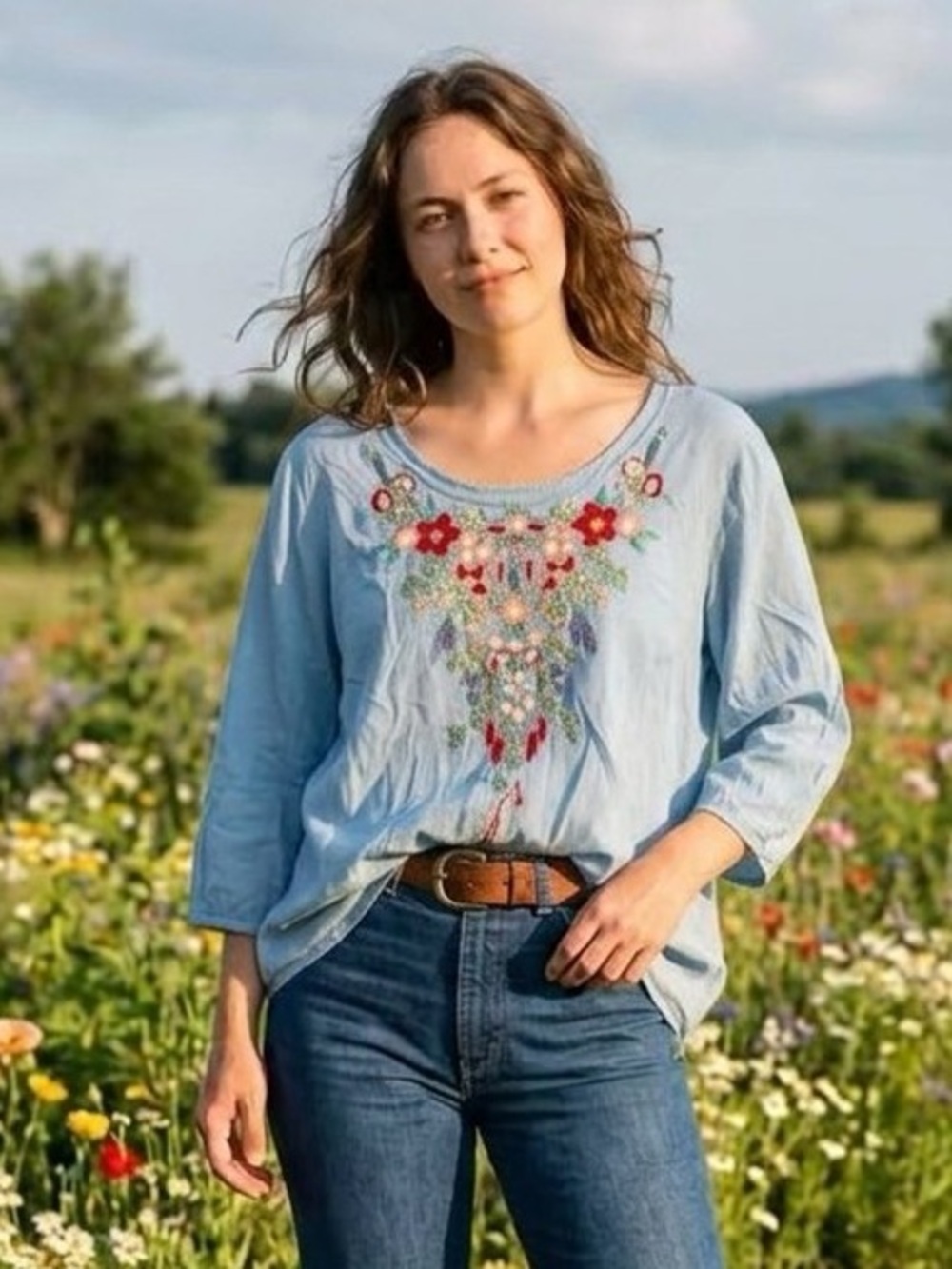 Grand & Greene Light Blue Embroidered Blouse